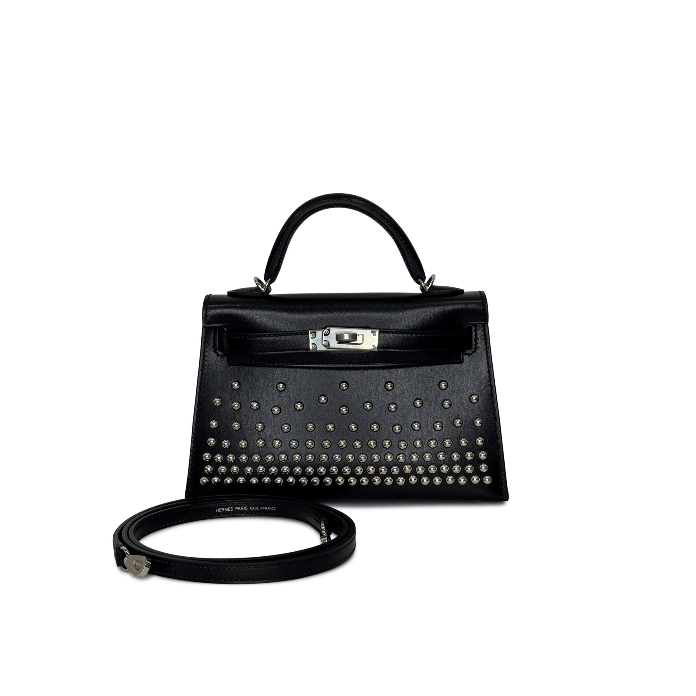H**mes BLACK BOX CLOUTE STUDDED MINI KELLY II 20 PALLADIUM HARDWARE (20*12*6cm)